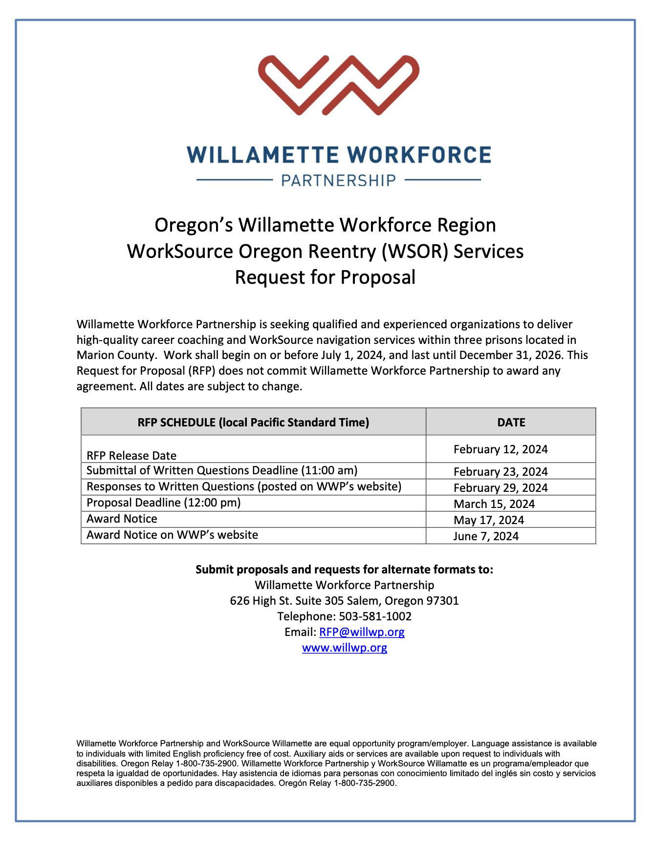 REQUEST FOR PROPOSAL WORKSOURCE OREGON REENTRY SERVICES
